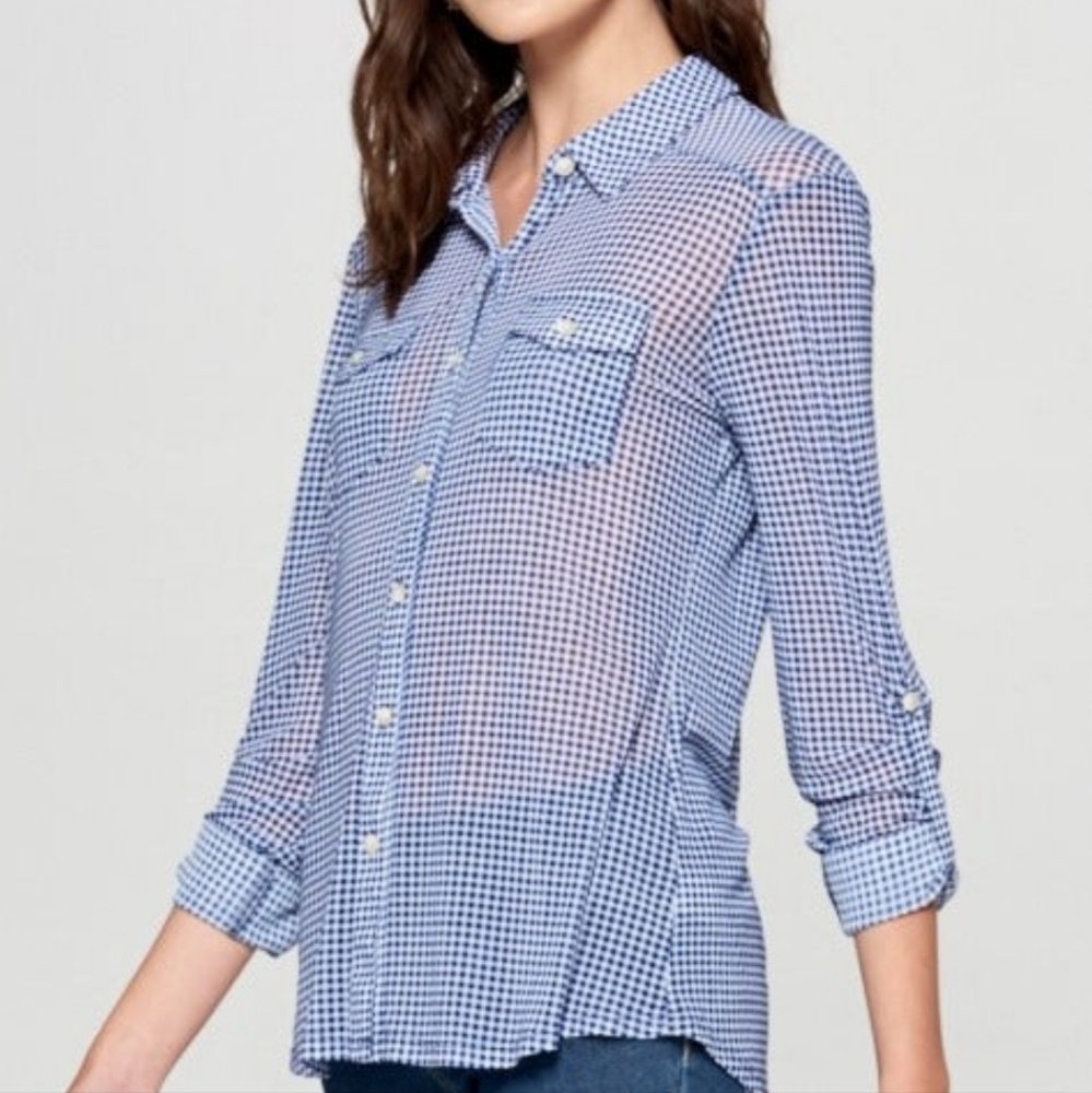 Gingham Stretch Blouse Navy White